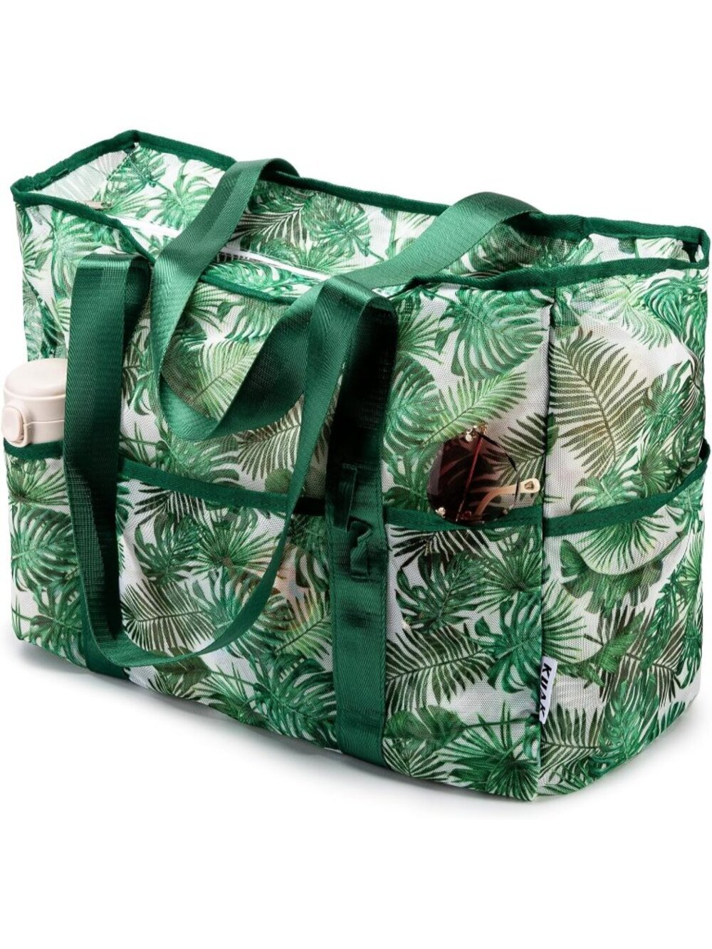 Women's Green Leaf Mesh Vacation Beach Bag Large Lightweight with Top Zipper